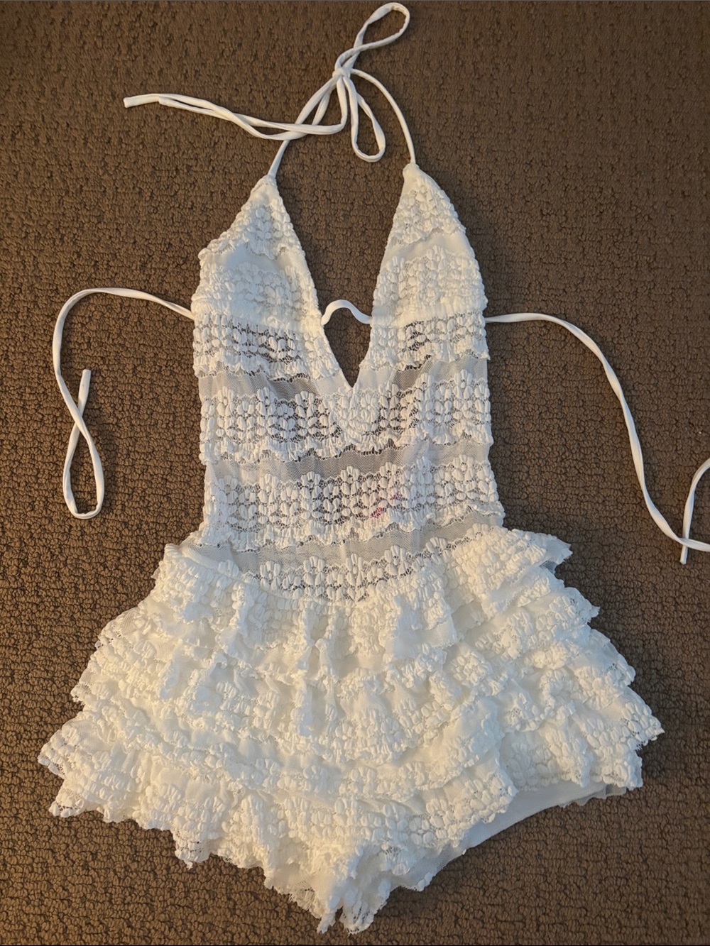Edikted White Lace Halter Ruffle Romper